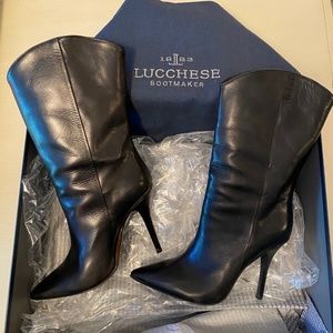 Lucchese Black Leather Half Calf Stiletto Boots
